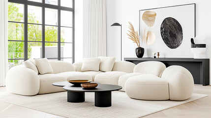Modern sofa in stylish interior design with contemporary furniture and minimalist decor