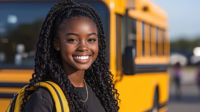 Happy African American Student Girl with Backpack and School Bus