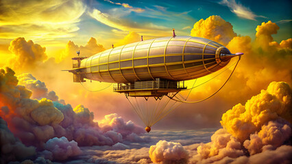 Obraz premium Steampunk airship flying through the clouds with fauvist chromatics in yellow and pink , airship, steampunk, clouds