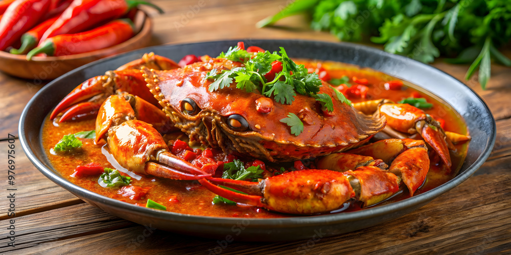 Wall mural delicious singaporean chili crab dish with spicy tomato chili sauce and fresh herbs, singapore, chil