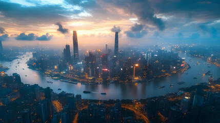 A stunning aerial view of a modern city skyline at sunrise, with a river winding through the urban landscape. The sky is filled with dramatic clouds, casting a golden glow over the city.