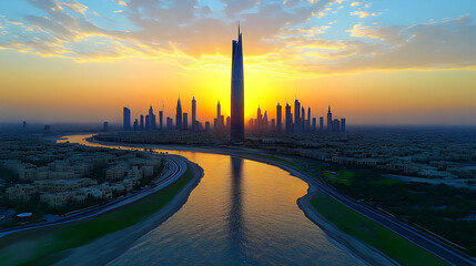 Naklejka premium A stunning aerial view of a modern city skyline at sunset with a tall skyscraper in the center.