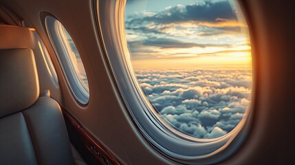 Sunset View Through Airplane Window Over Clouds