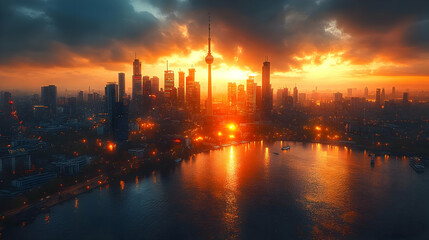 Fototapeta premium A stunning aerial view of a modern city skyline at sunset, with the sun breaking through the clouds and reflecting in the water.