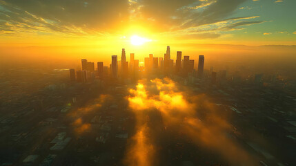 A stunning aerial view of a modern city skyline at sunset, with the sun peeking through the clouds and casting a golden glow over the cityscape.