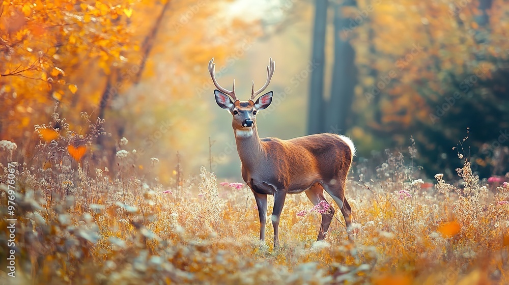 Sticker A beautiful, majestic deer stands alone in the midst of a field with autumn trees and flowers