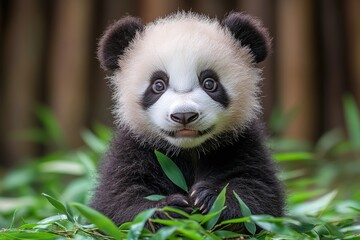 Obraz premium Cuddly baby panda munching on bamboo leaves while sitting in a patch of greenery