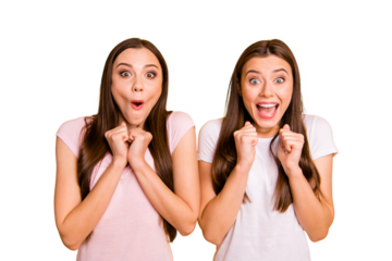 Close up photo two people pretty beautiful funky funny she her models ladies yelling lucky is it true really not believe lottery big money wear white pink casual t-shirts isolated yellow background