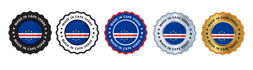 Obraz premium Made in cape verde set of sign stamp badge, with varian color blue red, silver, gold, black suitable for products manufactured, military, agriculture or food vector illustration eps editable text