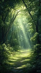 A tranquil forest path illuminated by soft sunlight, surrounded by lush greenery and tall trees, perfect for nature lovers.