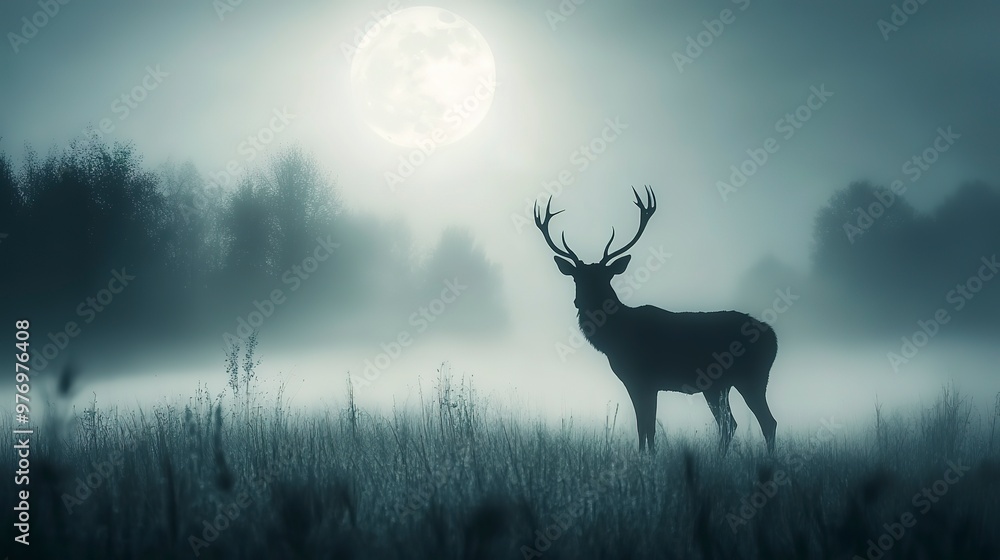 Poster Majestic deer silhouette in foggy field under bright full moon. 