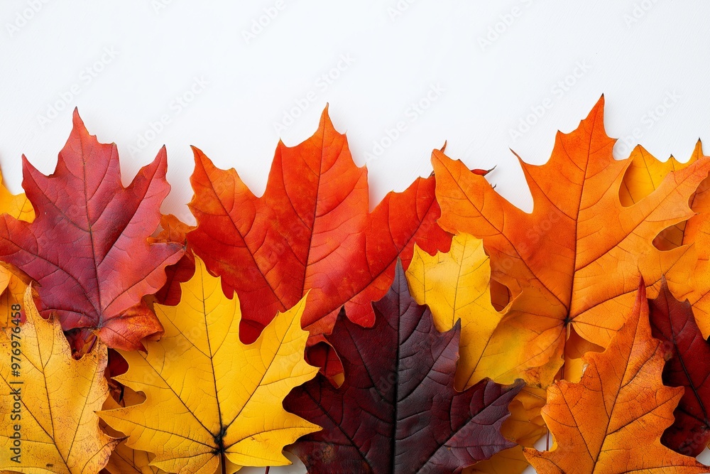 Poster a row of autumn leaves with some yellow and some red. the leaves are arranged in a way that they loo