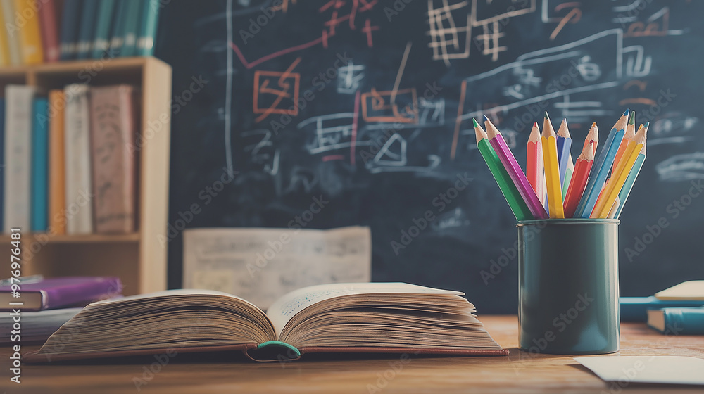 Poster an open book on a desk surrounded by pencils and textbooks in front of a chalkboard with mathematica