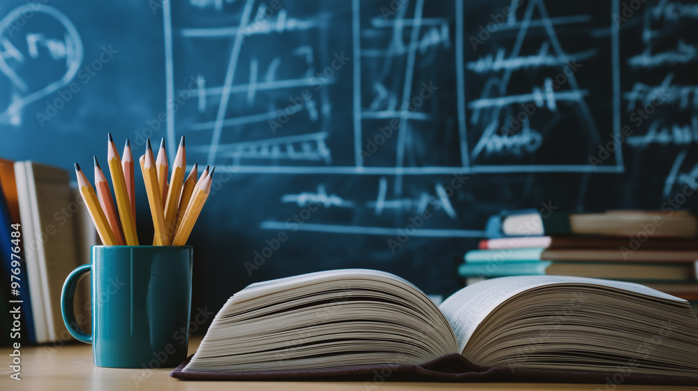Poster an open book on a desk surrounded by pencils and textbooks in front of a chalkboard with mathematica