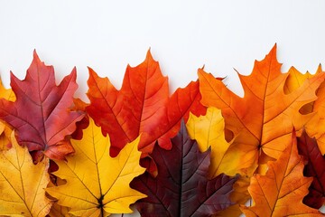Fototapeta premium A row of autumn leaves with some yellow and some red. The leaves are arranged in a way that they look like they are falling from a tree