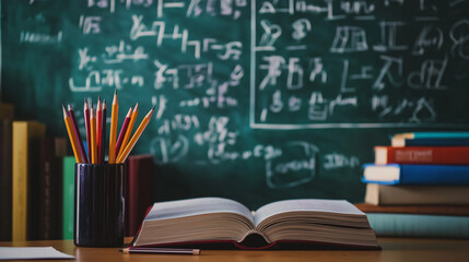 An open book on a desk surrounded by pencils and textbooks in front of a chalkboard with mathematical equations.