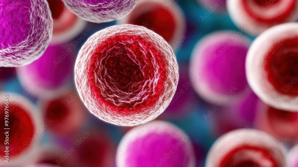 Poster close-up view of colorful cells showcasing their intricate structures in a vibrant microscopic lands