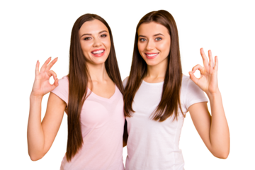 Close up photo two people beautiful funky funny she her ladies models show okey symbol advising buy buyer novelty best price tested quality wear white pink casual t-shirts isolated yellow background
