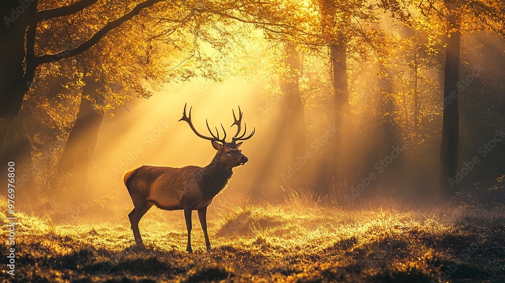 Canvas Prints A lone deer stands in a forest with golden sunlight filtering through the trees. 