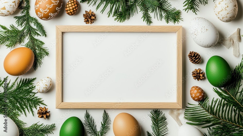 Poster Easter Eggs  Pine Branches  and Wooden Frame Mockup