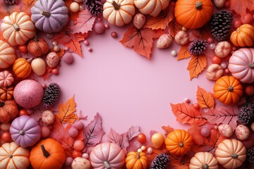A colorful arrangement of pumpkins and leaves with a pink background. The arrangement is full of life and energy, and it conveys a sense of warmth and joy