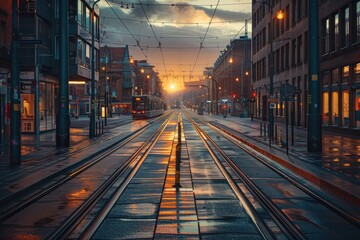 City street with tram tracks at sunset, wet pavement reflecting lights, urban landscape with modern buildings.