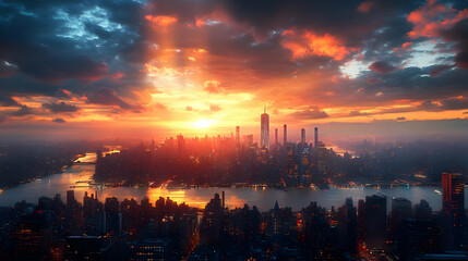 Naklejka premium A stunning aerial view of the New York City skyline at sunset, with dramatic clouds and a bright, colorful sky.