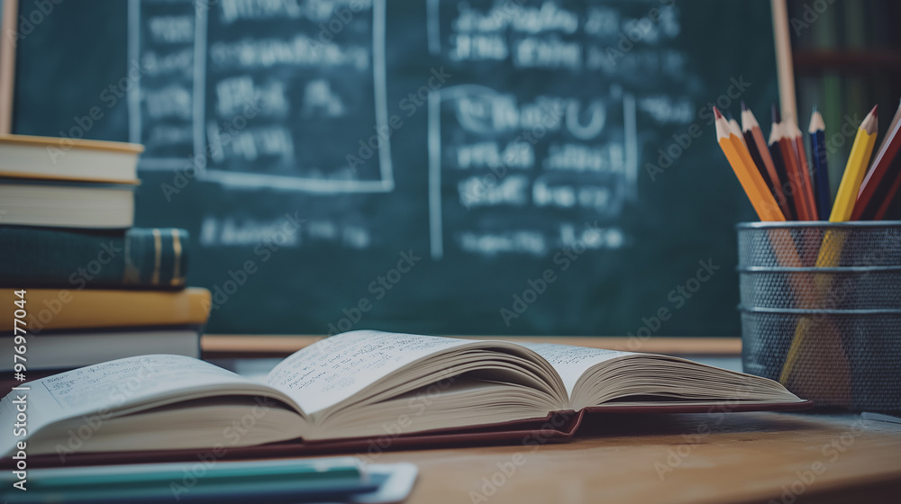 Poster an open book on a desk surrounded by pencils and textbooks in front of a chalkboard with mathematica