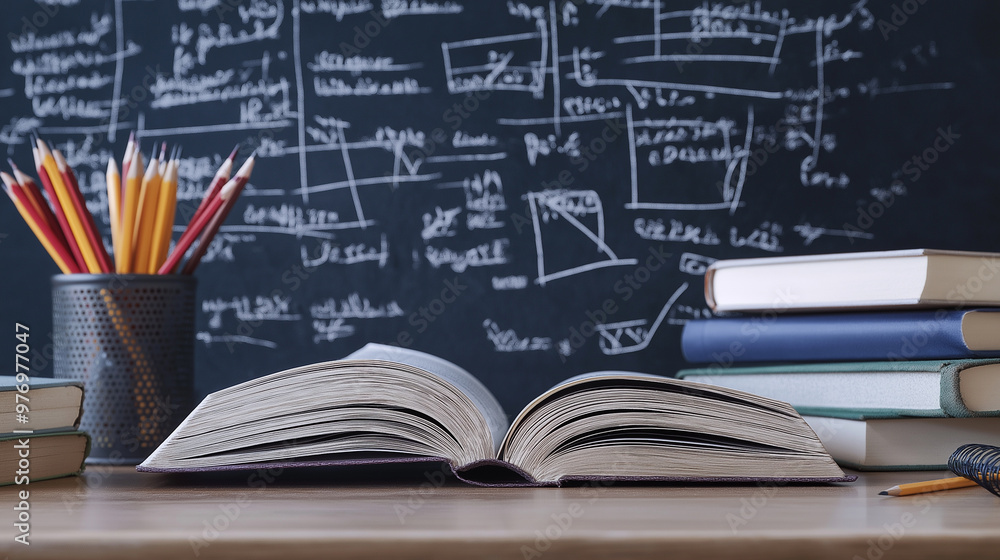 Poster an open book on a desk surrounded by pencils and textbooks in front of a chalkboard with mathematica