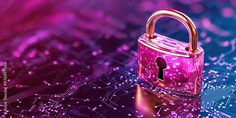 Poster digital lock on a futuristic circuit background symbolizes cybersecurity and data protection in a vi