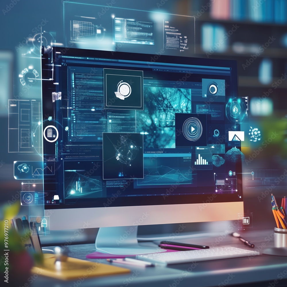 Aufkleber dynamic depiction of a modern website in a digital workspace with media elements and editing tools