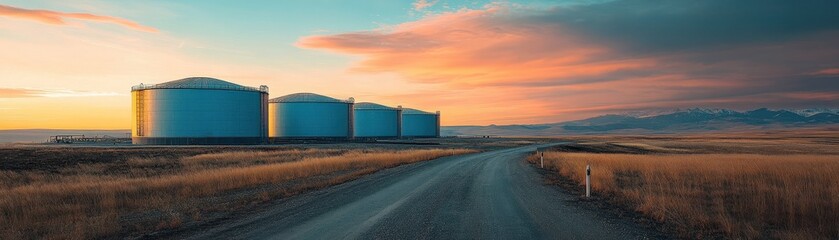 Obraz premium Panoramic view of silos at sunset, with a winding road surrounded by fields and dramatic skies.