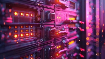 Close-up of glowing server racks in a data center with vibrant pink and purple lights, showcasing modern digital technology infrastructure.
