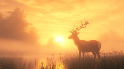 Naklejka premium A majestic deer stands at sunrise, its silhouette glowing in the misty meadow.