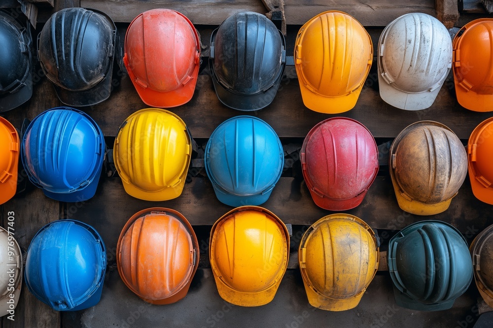 Poster a row of safety helmets of various colors and sizes. the helmets are arranged in a row, with some ov