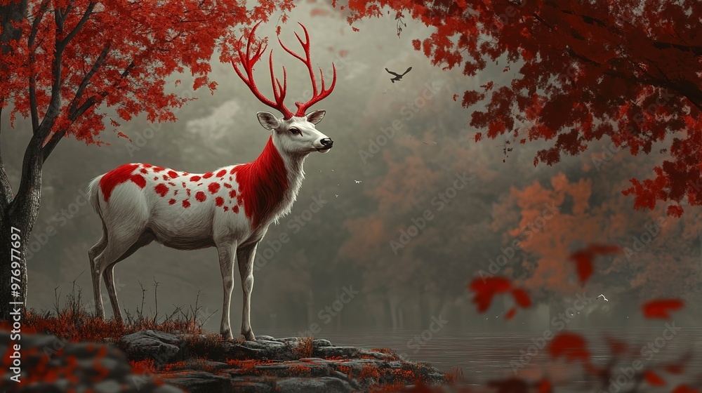 Sticker A red and white deer is captured in a serene autumn scene