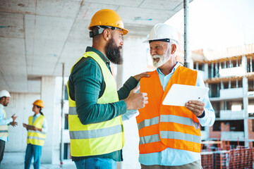 Construction Workers Discussing Project on Building Site