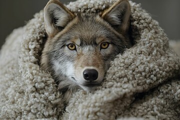 A wolf snuggled in a fluffy blanket with a serene expression