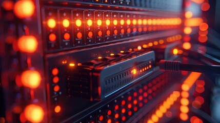 Fototapeta premium Close-up of a server rack with glowing LED lights indicating active operations in a data center environment.