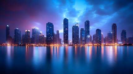 Fototapeta premium A stunning cityscape with skyscrapers reflecting in a tranquil water body. The sky above is a vibrant mix of purple, blue, and orange hues, creating a dramatic and beautiful scene.