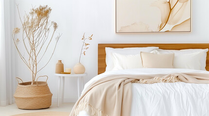 Modern bedroom with minimalist decor and calming atmosphere featuring natural elements and warm tones