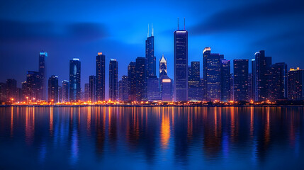 A stunning cityscape with tall skyscrapers illuminated at night, reflected in the water.