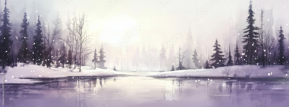 Poster this seamless pattern features a foggy forest of fir trees reflecting in a river. it is painted in w