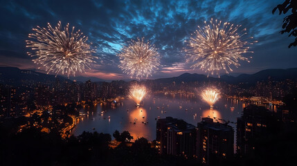 A stunning fireworks display over a city skyline with a lake in the foreground. The fireworks are bursting in the sky, illuminating the city and the water below.