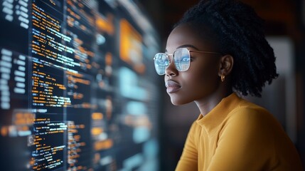 Cybersecurity Specialist Analyzing Holographic Code, Artificial Intelligence Concept.