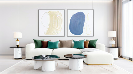 Modern living room interior design with stylish furniture and vibrant colors creating a cozy atmosphere