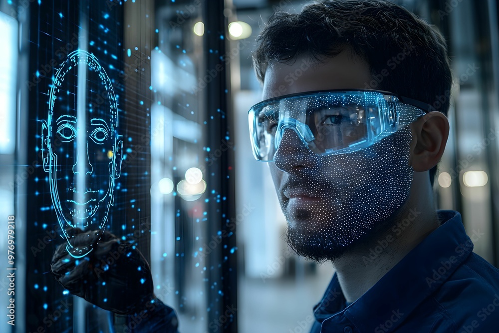 Poster man interacts with advanced holographic interface in a tech workspace