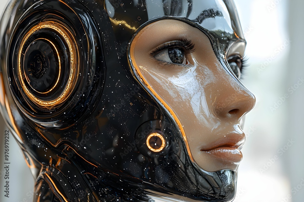 Poster advanced robotic head design showcasing intricate details and textures