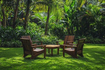 Obraz premium Garden furniture set made of wood. Chairs and table with pillows