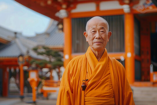 Generative AI image of buddhist monk in orange robe meditating - Powered by Adobe
